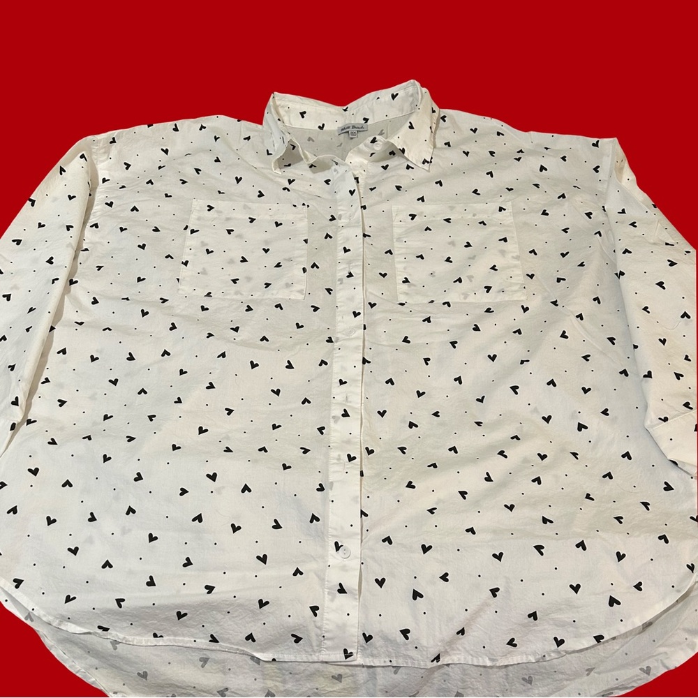 NWT! White Birch + size 3X. Oxford Button up w/ hearts and dots. Front Pockets - Picture 8 of 15